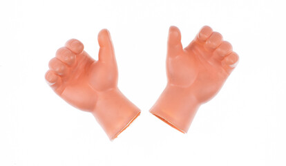 plastic toy hands isolated on white background