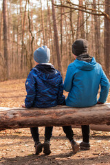 Children sit on a fallen tree in the forest. Hiking tourism concept for children.