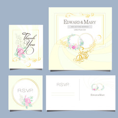 wedding invitation with wedding rings, flowers, pastel colors, rsvp, thank you card, geometric background