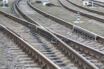 Railway tracks, close-up old train rails, railway infrastructure,