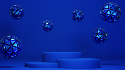 3d render of blue and gold podium. Background with geometric composition, semicircular stand. Modern design.