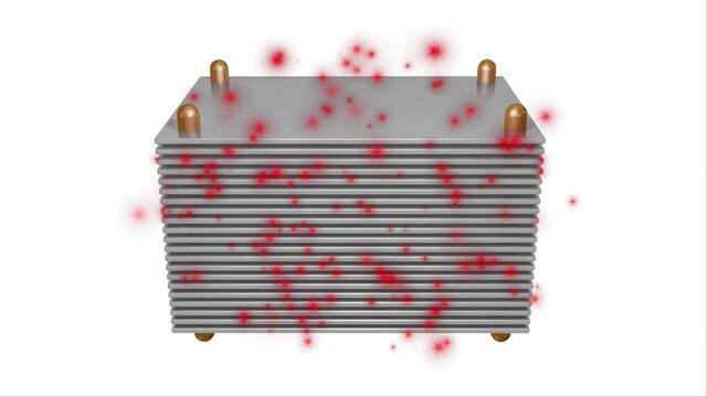 CPU , electronic , mechanical cooling heat sink  with red dots indicating heat accumulation , dissipation. 3d animation render