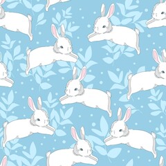 Seamless Pattern sketch rabbit. Hand Drawn Bunny and leaves, print design rabbit background. Vector Seamless. Print Design Textile for Kids Fashion.