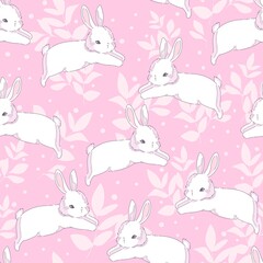 Obraz na płótnie Canvas Seamless Pattern sketch rabbit. Hand Drawn Bunny and leaves, print design rabbit background. Vector Seamless. Print Design Textile for Kids Fashion.