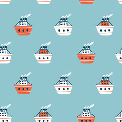 Seamless pattern with ships. Sea transport. Cute cartoon marine pattern for textile, fabric. Childish print. Vector