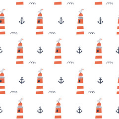 Fototapeta na wymiar Seamless pattern with lighthouse on a white background. Vector