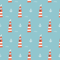 Obraz na płótnie Canvas Seamless pattern with lighthouse on a blue background. Vector