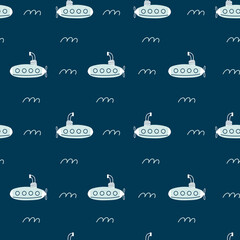 Fototapeta na wymiar Seamless pattern with submarines. Sea transport. Cute cartoon marine pattern for textile, fabric. Childish print. Vector