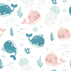 Seamless pattern with cute whale. Childish print. Vector