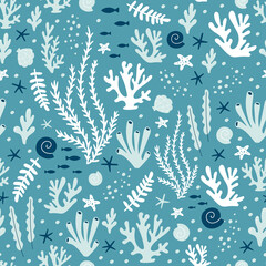 Fototapeta na wymiar Seamless pattern with ocean corals, and seaweeds. Sea wildlife. Vector