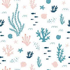 Seamless pattern with ocean corals, and  seaweeds. Sea wildlife. Vector