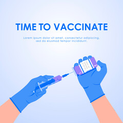 Time to vaccinate. Creation of a COVID-19 vaccine. Doctor hands with medical gloves holding vaccine bottle and syringe. Template medical vaccine for poster, banner, brochure, etc. Eps 10.