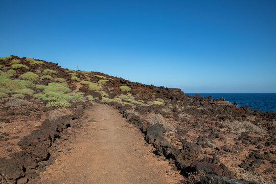 Rough volcanic path crossing the badlands known as Malpais de Guimar near Puertito de Guimar, coastal pathway used by visitors for walking or running in the nature, in Tenerife, Canary Islands, Spain