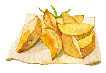 Portion of fresh baked Potato with herbs, rustic potatoes, isolated on a white background. Close-up. Watercolor illustration