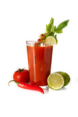 Bloody Mary cocktail in glass and ingredients isolated on white background