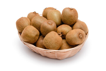 kiwi fruit in a wicker basket on a white background