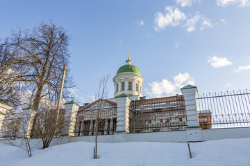 Part of the historic facade of the famous Trinity Cathedral. Neoclassicism. Built in 1895. Yakhroma, Russia