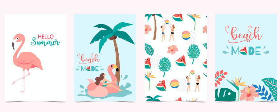 Collection of summer background set with people,watermelon,beach,coconut tree.Editable vector illustration for invitation,postcard and website banner.Hello summer
