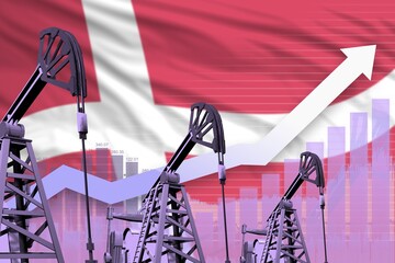 rising up chart on Denmark flag background - industrial illustration of Denmark oil industry or market concept. 3D Illustration