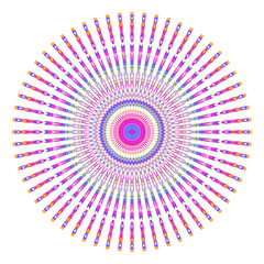 Creative multicolored points round symbol. Abstract symmetrical logo. Mosaic colorful beautiful beads. Circle dots modern pixel floral art icon. Colored pattern ornament wheel decorative illustration.