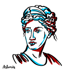 Artemis engraved vector portrait with ink contours on white background. The Greek goddess of the hunt, the wilderness, wild animals, the Moon, and chastity. The goddess Diana is her Roman equivalent.