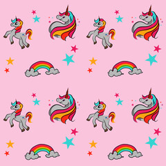 Pattern Cute Beautiful Unicorn with Stars and Rainbow illustration Vector Isolated 