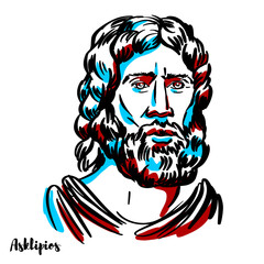 Asclepius engraved vector portrait with ink contours on white background. Asclepius is a hero and god of medicine in ancient Greek religion and mythology.