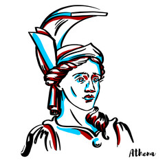 Athena engraved vector portrait with ink contours on white background. Is an ancient Greek goddess associated with wisdom, handicraft, and warfare who was later syncretized with the goddess Minerva.