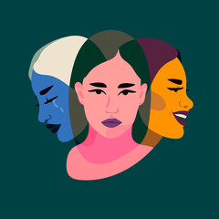 Three faces, one person. Three different personalities of one woman. Split Personality, bipolar disorder, mood, various emotions, mind Mental, psycho therapy concept. Abstract Vector illustration 