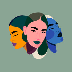 Three faces, one person. Three different personalities of one woman. Split Personality, bipolar disorder, mood, various emotions, mind Mental, psycho therapy concept. Abstract Vector illustration 