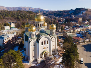 Obraz premium Aerial view of Kislovodsk and temple of Saint-Nikolas, heath and ecological resotrt in Russia near Caucasus mountain