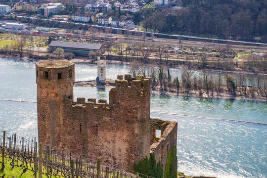 View to the Ehrenfels castle ruins near Rüdesheim / Germany with the Mouse Tower in the background 