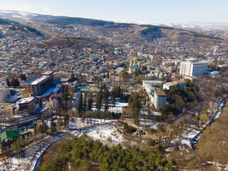 Fototapeta premium Aerial view of Kislovodsk with narzan gallery in sunny day, heath and ecological resotrt in Russia near Caucasus mountains