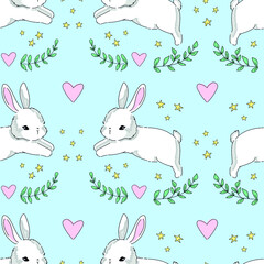 Hand Drawn Cute sketch Bunny Seamless Pattern print design rabbit background. Vector. Print Design Textile for Kids Fashion.