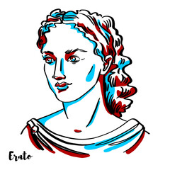 Erato engraved vector portrait with ink contours on white background. In Greek mythology, Erato is one of the Greek Muses, which were inspirational goddesses of literature, science, and the arts.