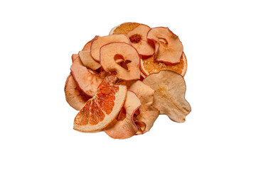 Dried fruit isolated on white background. Dried grapefruit, dried apple, dried pear.