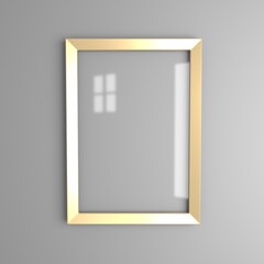 Gold shiny glowing vintage frame with shadows isolated on transparent background. Golden luxury realistic rectangle border. 3d illustration.