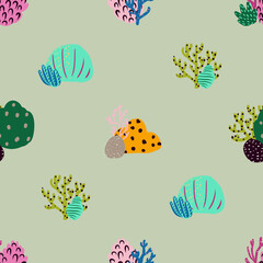 Bright underwater seamless pattern with beautiful corals.