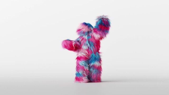 3d colorful hairy cartoon character funny dance, furry beast having fun, fluffy mascot animation, modern minimal motion design