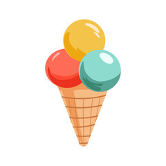 Pink, blue. yellow ice cream scoops or balls in waffle cones. Ice cream icons. Vector hand drawn illustration for icon, childish design, logo