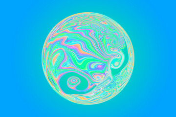 gradient blue background with multi-colored abstract sphere.