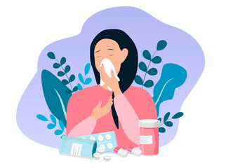 vector flat illustration on the theme of seasonal allergies, a young girl blows her nose into a paper handkerchief, next to flowers and medicines. antihistamines, allergies, runny nose.