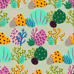 Bright underwater seamless pattern with beautiful corals.