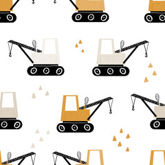 Vector hand-drawn seamless repeating children simple pattern with cars in Scandinavian style on a white background.Kids seamless pattern with building equipment. Funny construction transport