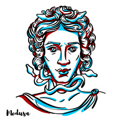 Medusa engraved vector portrait with ink contours on white background. In Greek mythology, Medusa was one of the three monstrous Gorgons, generally described as winged human females with living snakes