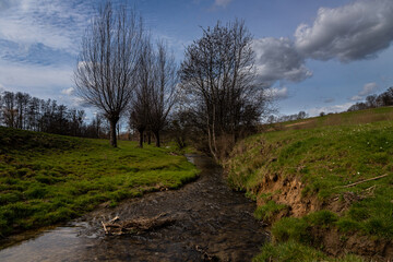 A small creek meandering through the south Limburg country side in the Netherlands on a sunny day in early Spring. 