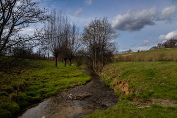 A small creek meandering through the south Limburg country side in the Netherlands on a sunny day in early Spring. 