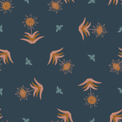 Dandelion seed and honey bees seamless vector pattern background.Stylized folk art herbacious wildflowers and insects blue and pastel ochre backdrop.Modern hand drawn botanical all over print