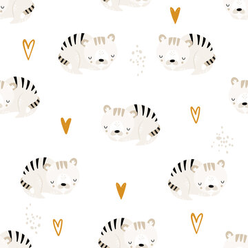 Seamless childrens hand-drawn pattern with cute sleeping tigers and hearts. Creative trendy kids texture for fabric, wrapping, textile, wallpaper, apparel.Vector illustration. Sleeping animals.