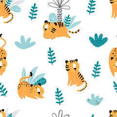 Vector hand-drawn seamless repeating color childish pattern with wild cats, plants and palms in Scandinavian style on a white background. Print with tigers and jaguars. Jungle animals.
